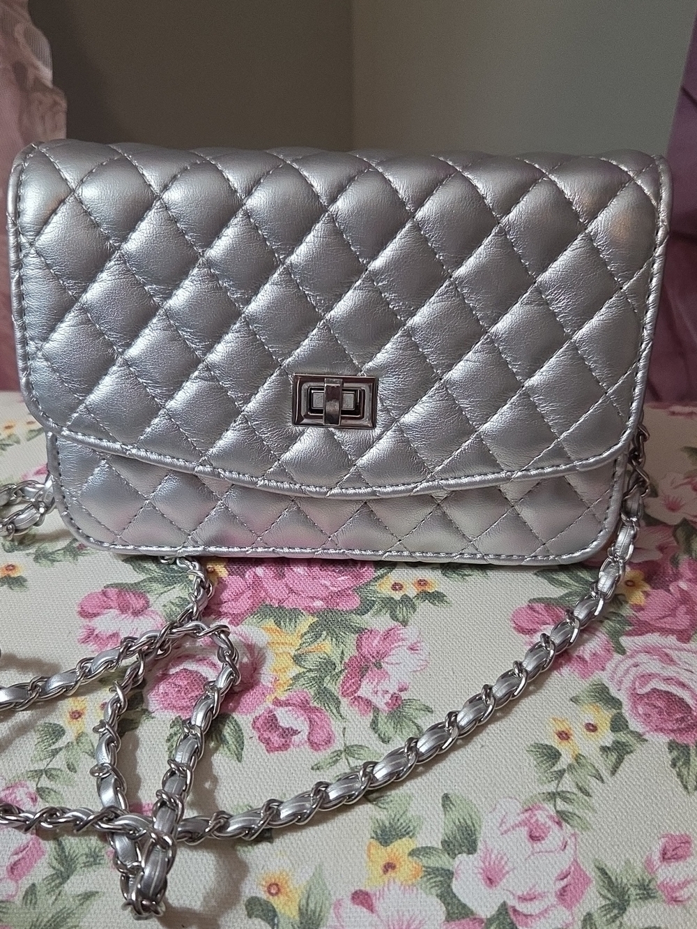 Boston Proper Quilted Silver Chain-Shoulder Crossbody